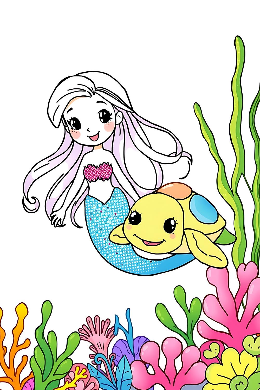 Coloring page featuring a friendly mermaid and cheerful turtle for kids