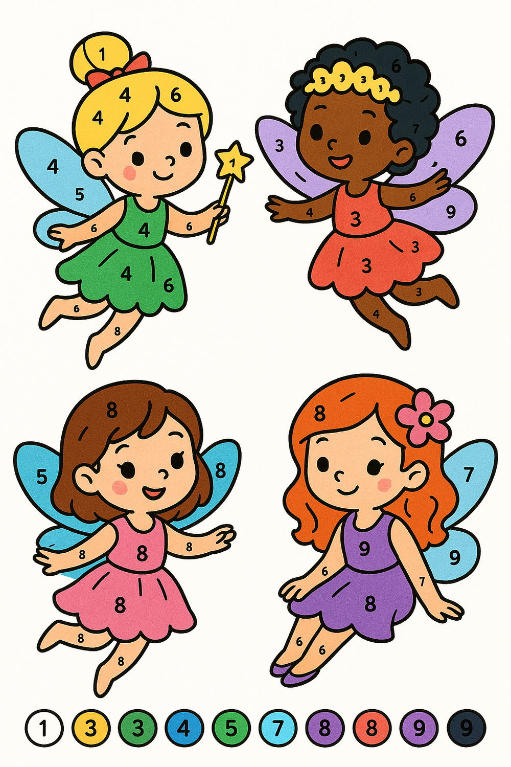 Cute and colorful paint by number fairies for kids