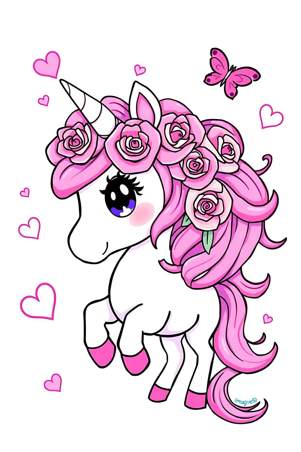 Colorful Pink Rose Unicorn coloring page for kids featuring vibrant details.