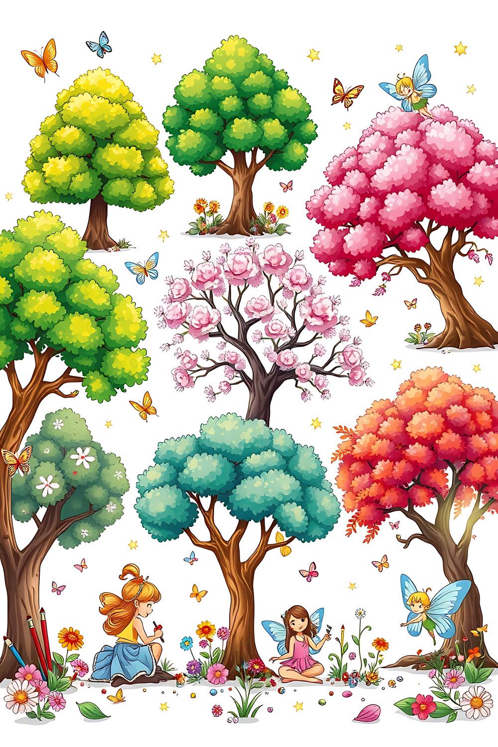 Colorful cartoon-style illustrations of trees and fairies for kids