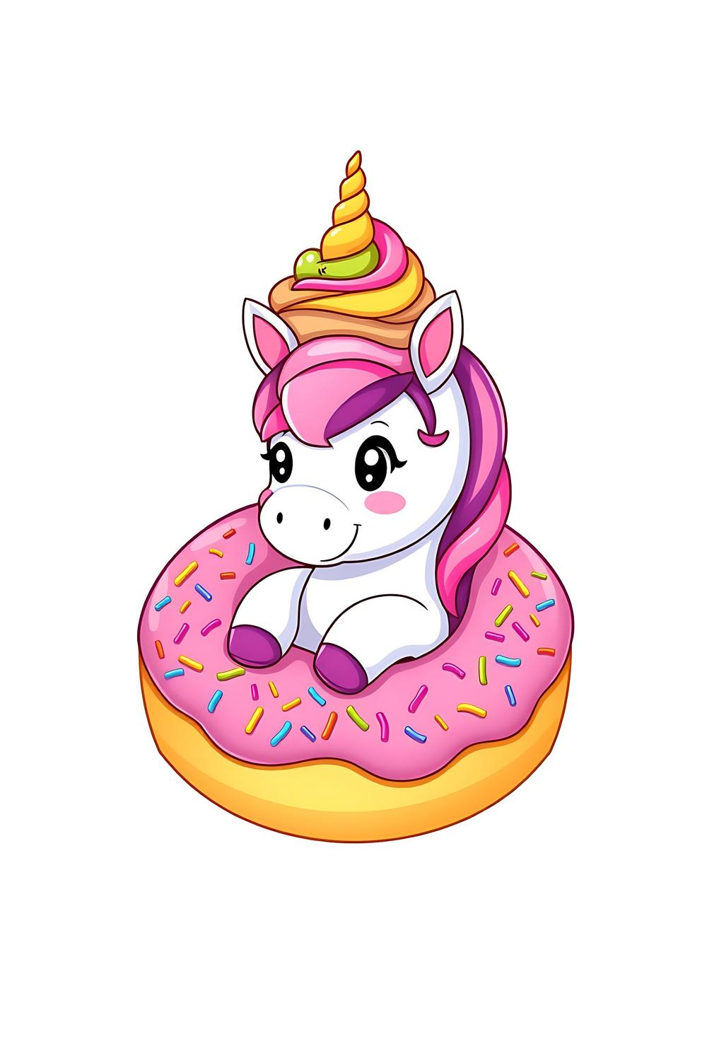 Cute unicorn nestled in a colorful donut with rainbow ice cream on top.