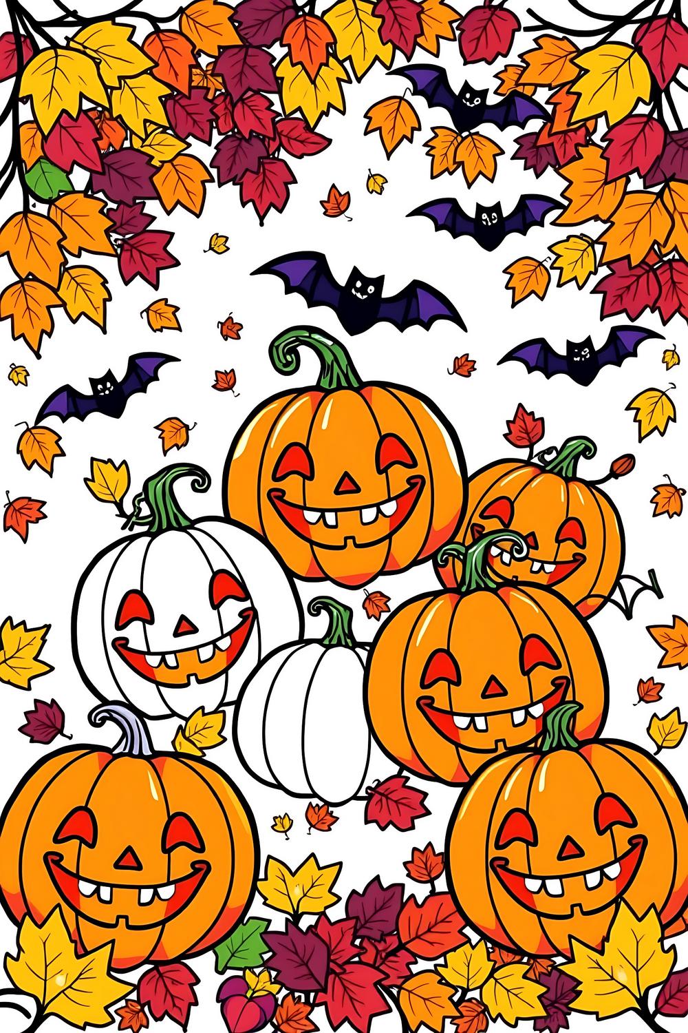 Colorful Halloween pumpkins artwork for kids' coloring activities.