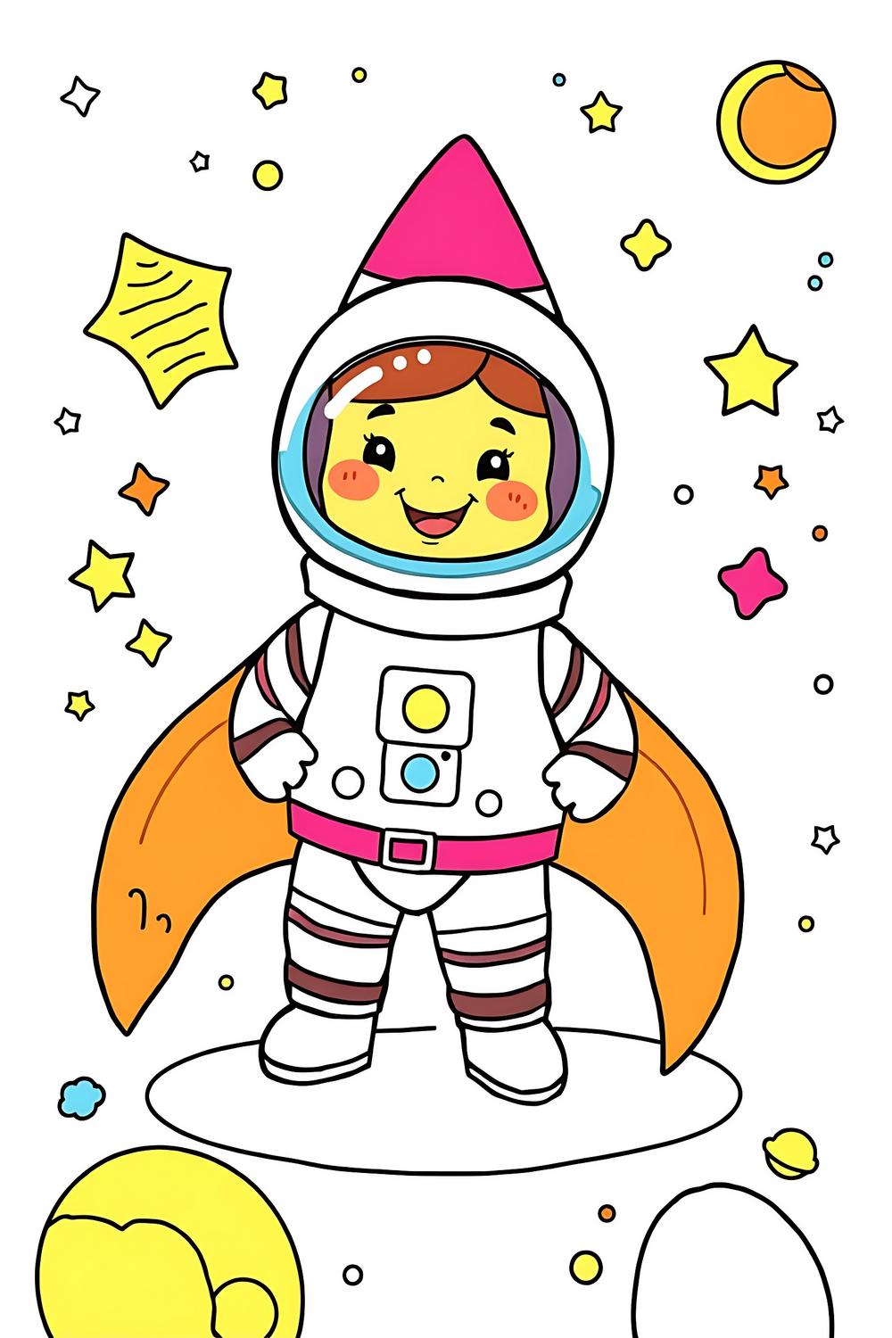 Cute colorful astronaut and rocket coloring page for kids.