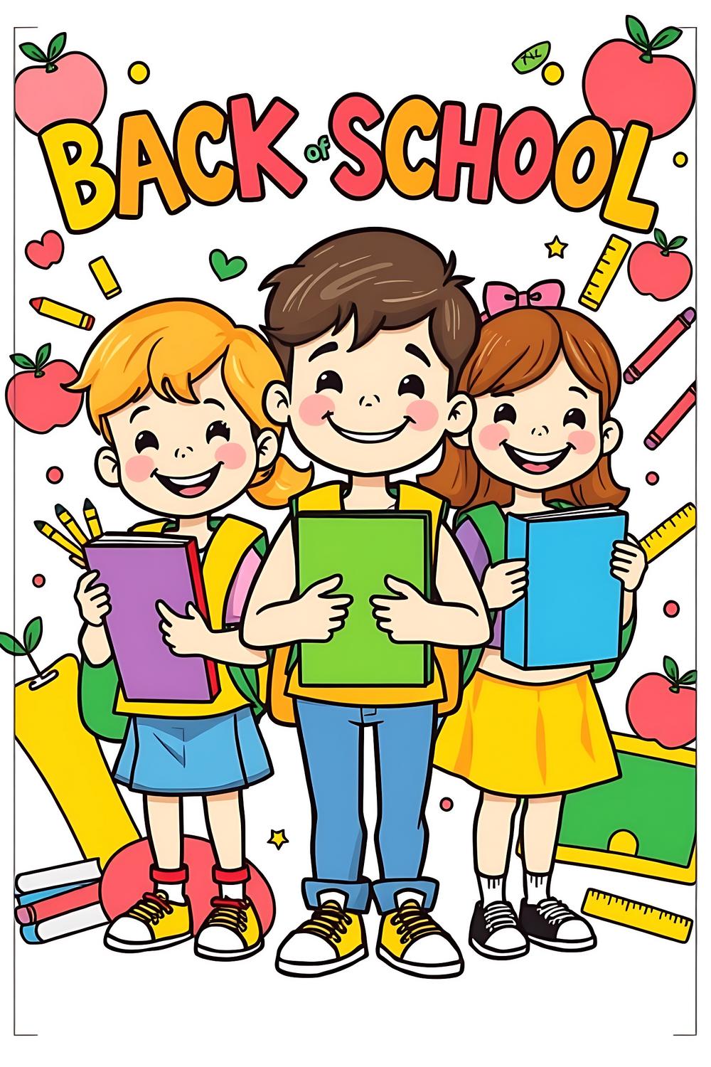 Colorful back to school coloring pages featuring happy kids and school supplies.