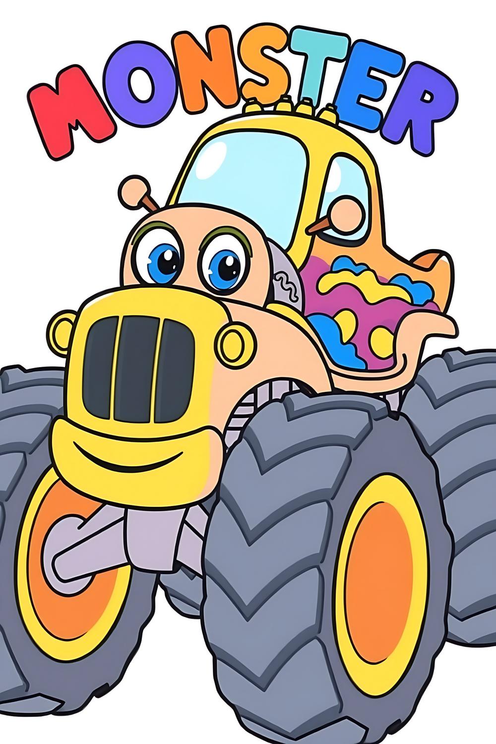 Cute cartoon style monster truck coloring page for kids