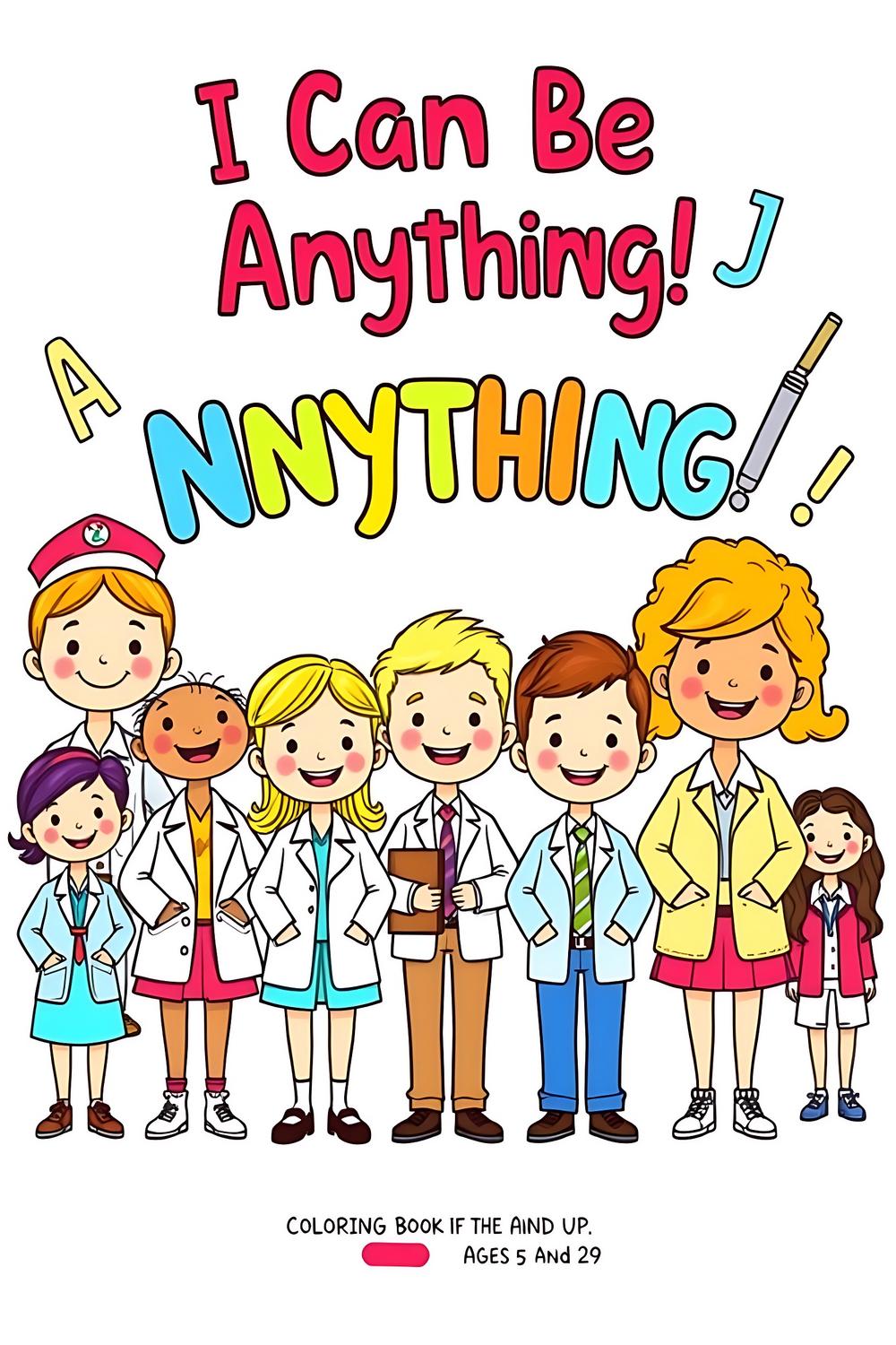 Colorful illustration of children in various career outfits for the I Can Be Anything! coloring book.