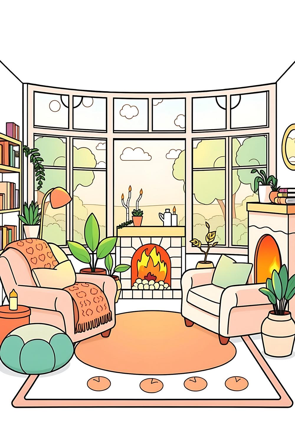 A kawaii-style cozy hygge living room with colorful furniture and warm atmosphere for coloring.