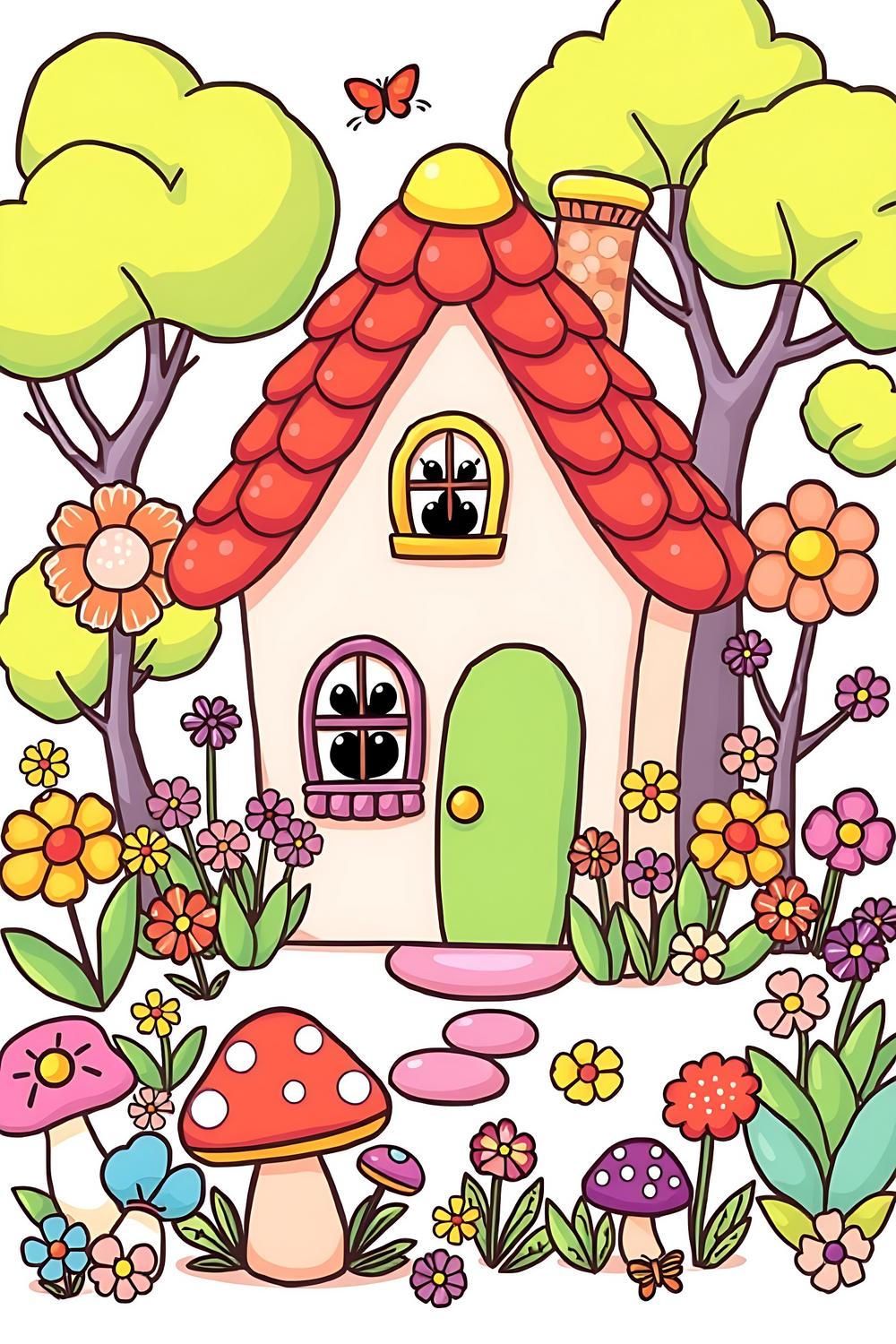 Cute kawaii tiny house coloring pages featuring charming designs with flowers and playful details.