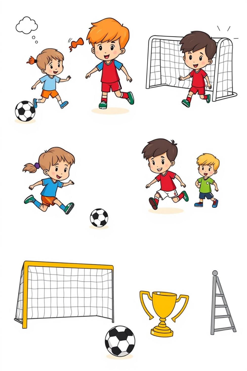 Colorful soccer coloring pages for kids featuring soccer scenes.