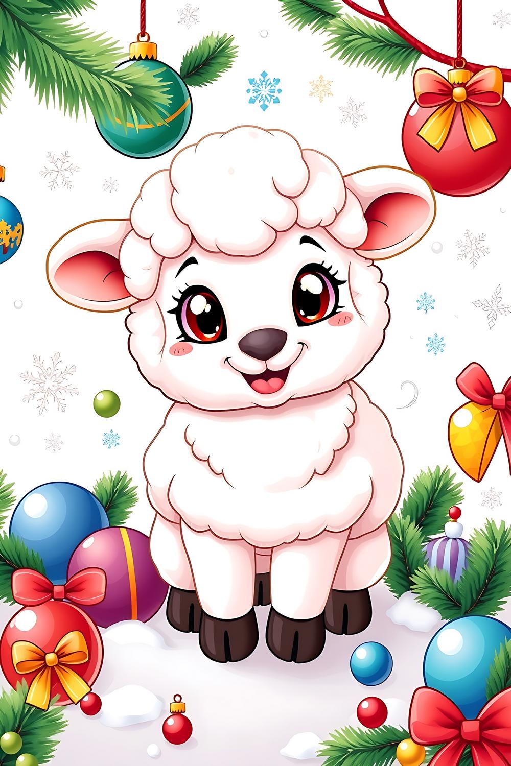 Cute cartoon Christmas lamb coloring page for kids