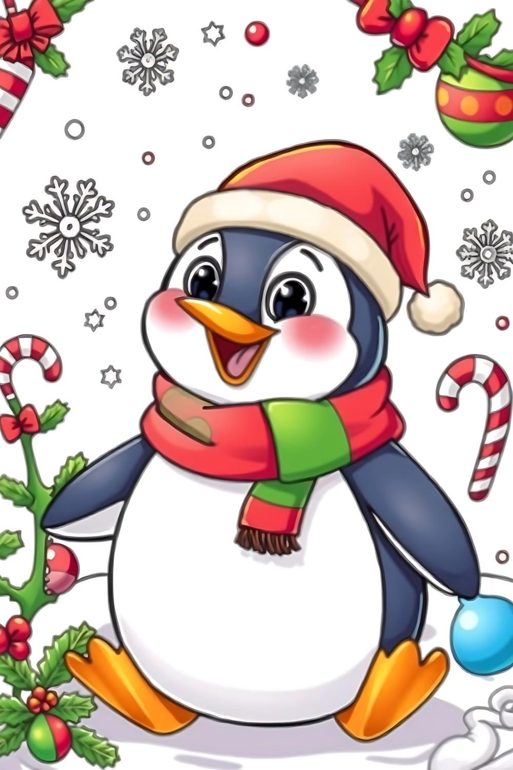 A cheerful penguin in a festive scarf ready for Christmas coloring fun.