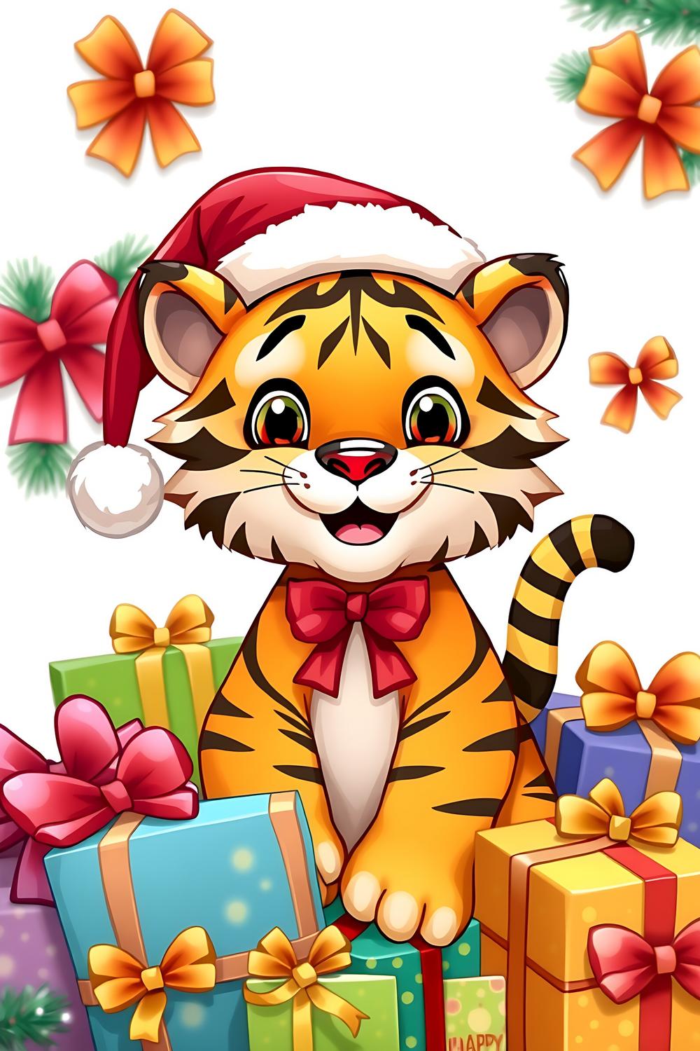 A cute cartoon-style Christmas tiger surrounded by colorful presents