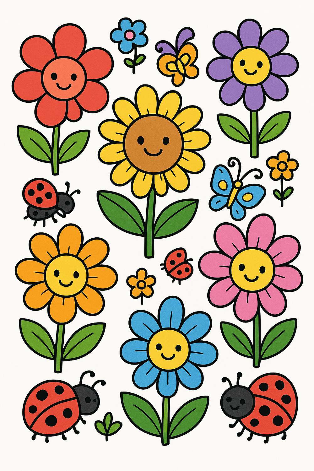 Colorful floral coloring pages for kids featuring cheerful designs