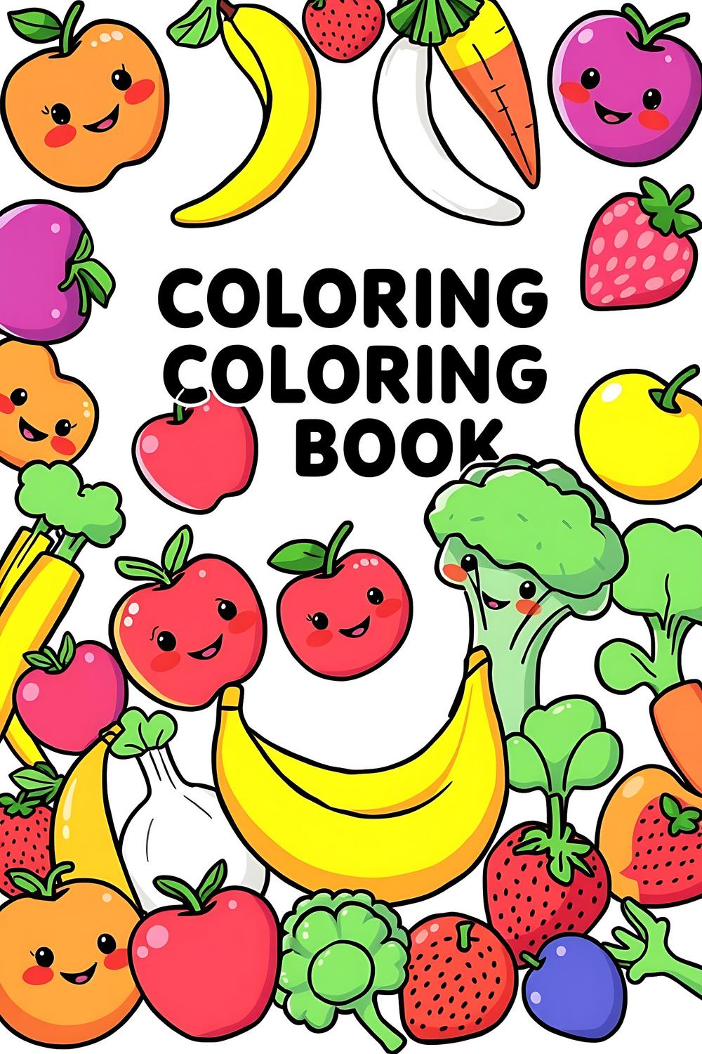 A fun and colorful fruit and vegetable coloring book cover for kids and adults