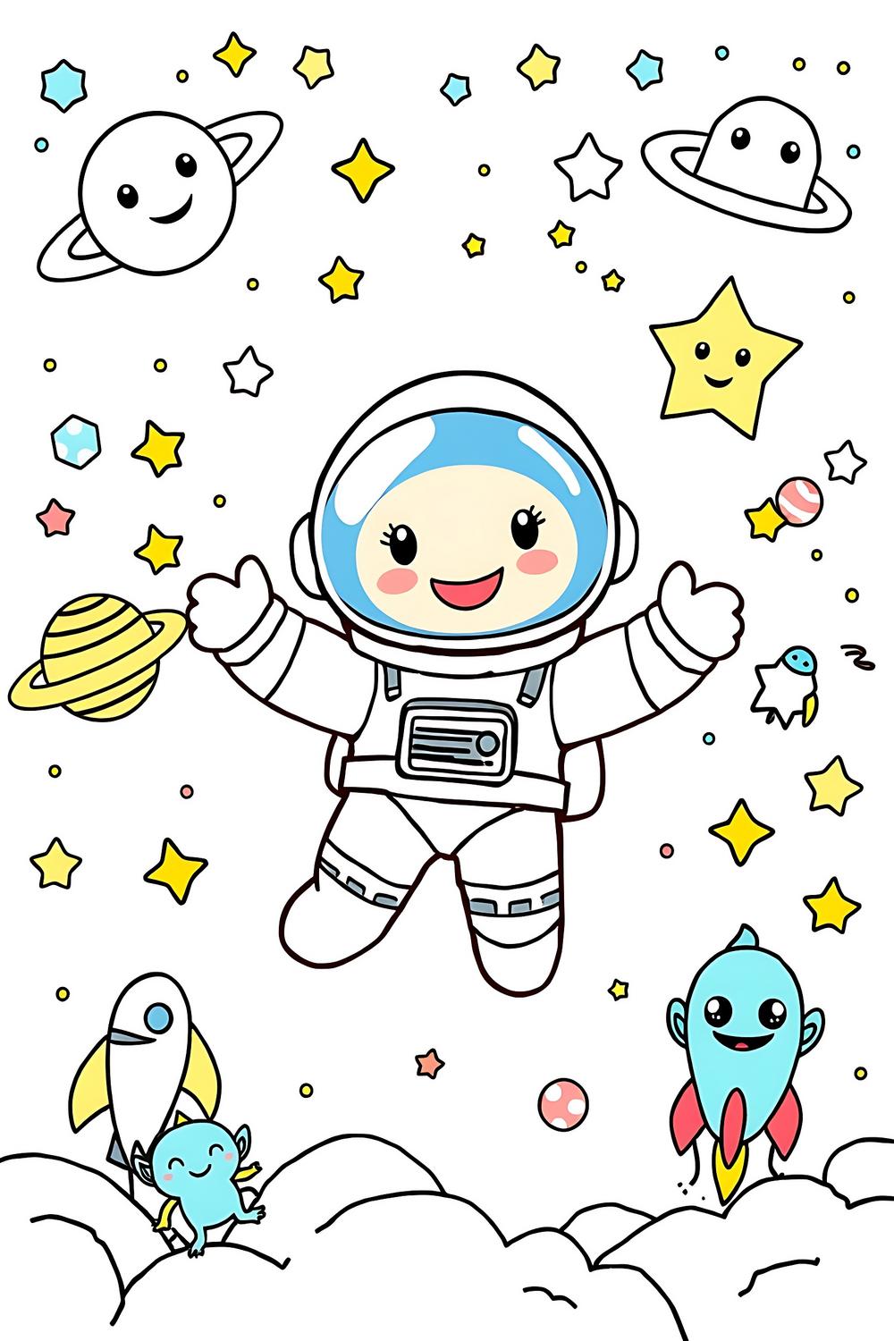 Happy astronaut coloring page surrounded by planets and aliens