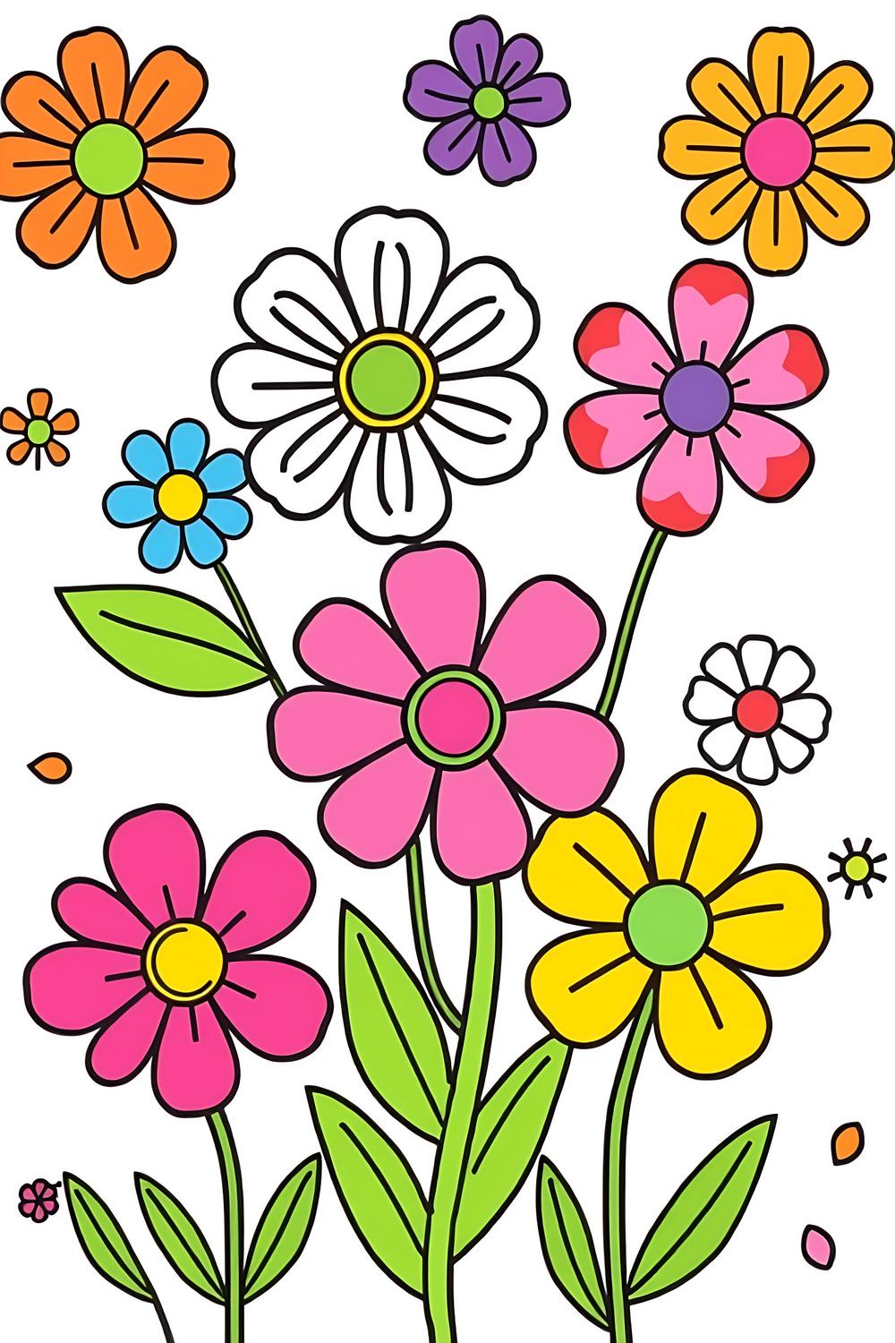 Fun flower coloring page for kids and adults featuring whimsical designs