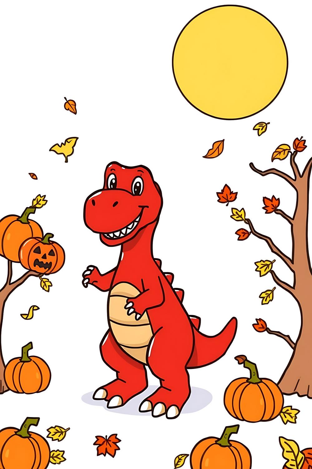 Cute red dinosaur boy coloring page for kids featuring a Halloween theme.