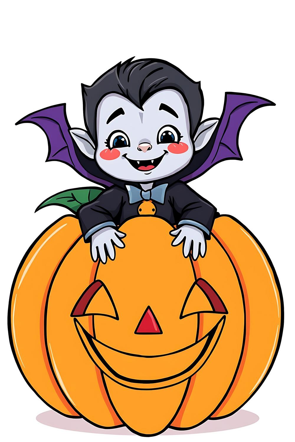 Colorful cartoon vampire inside a smiling pumpkin, perfect for kids coloring activities.