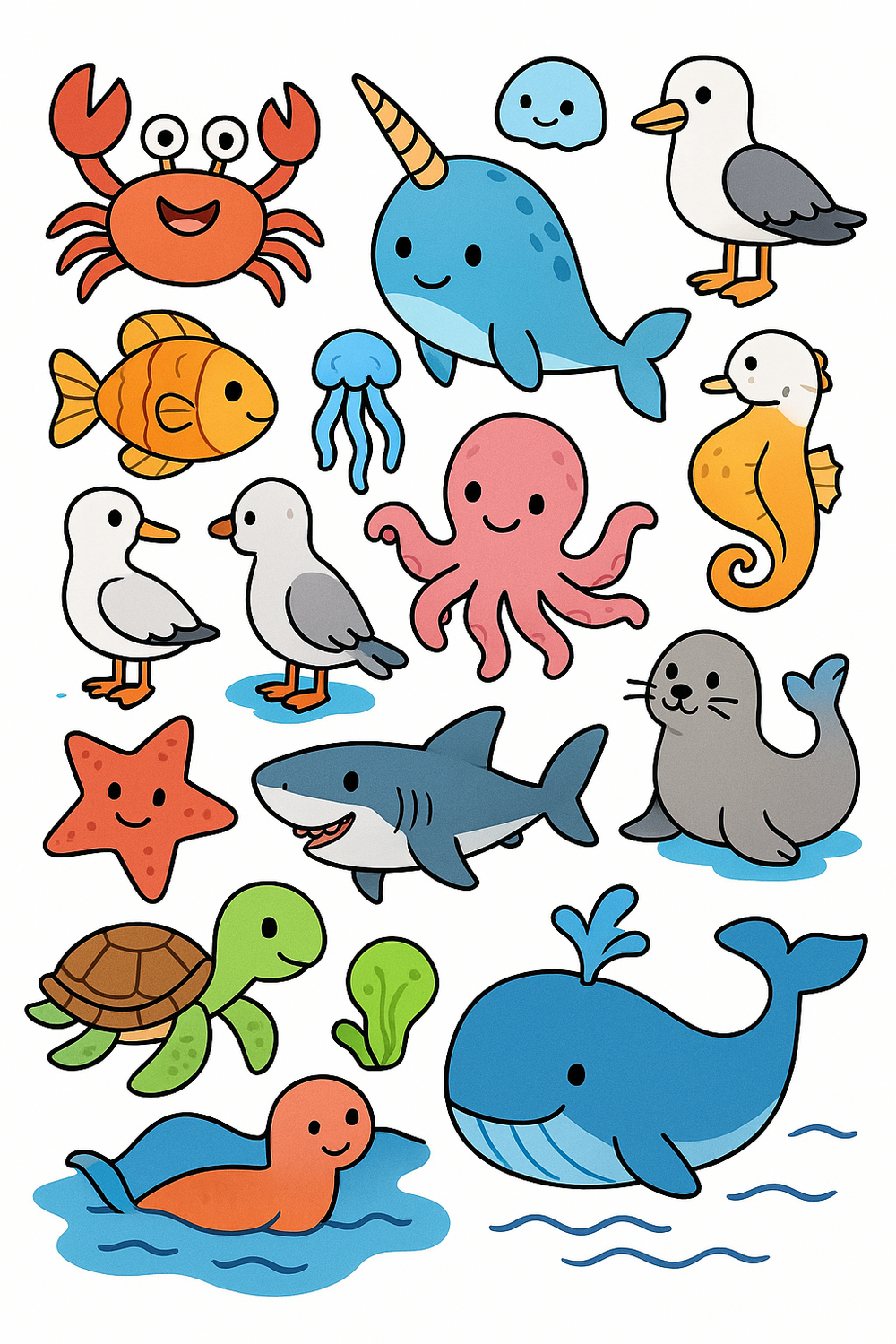 Colorful cartoon illustration of ocean animals for kids' coloring pages