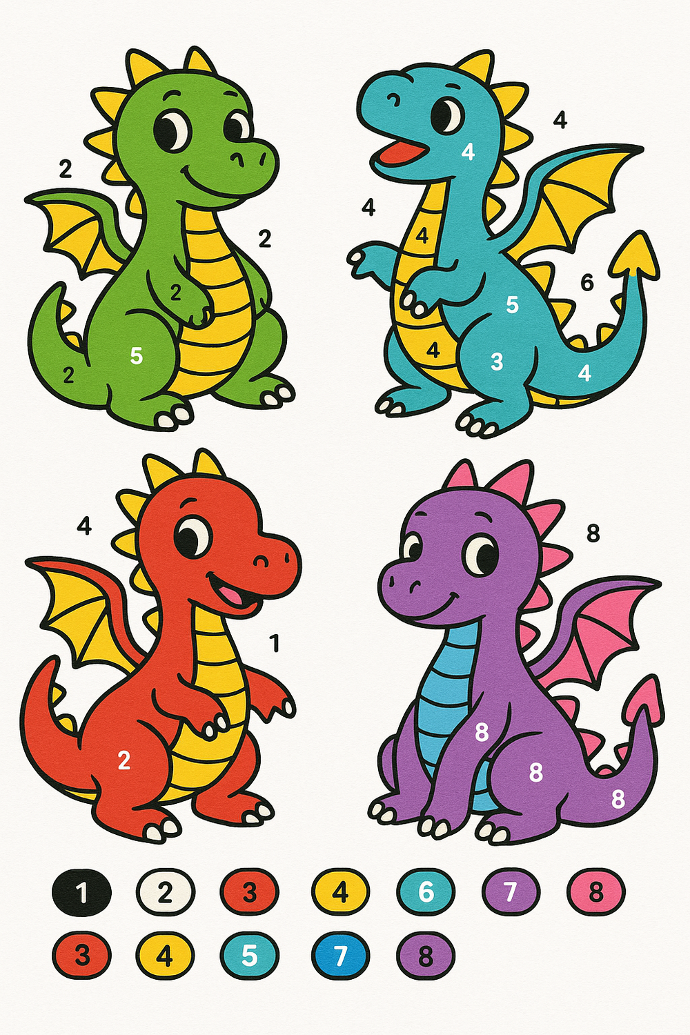 Colorful cartoon dragons paint by number for kids