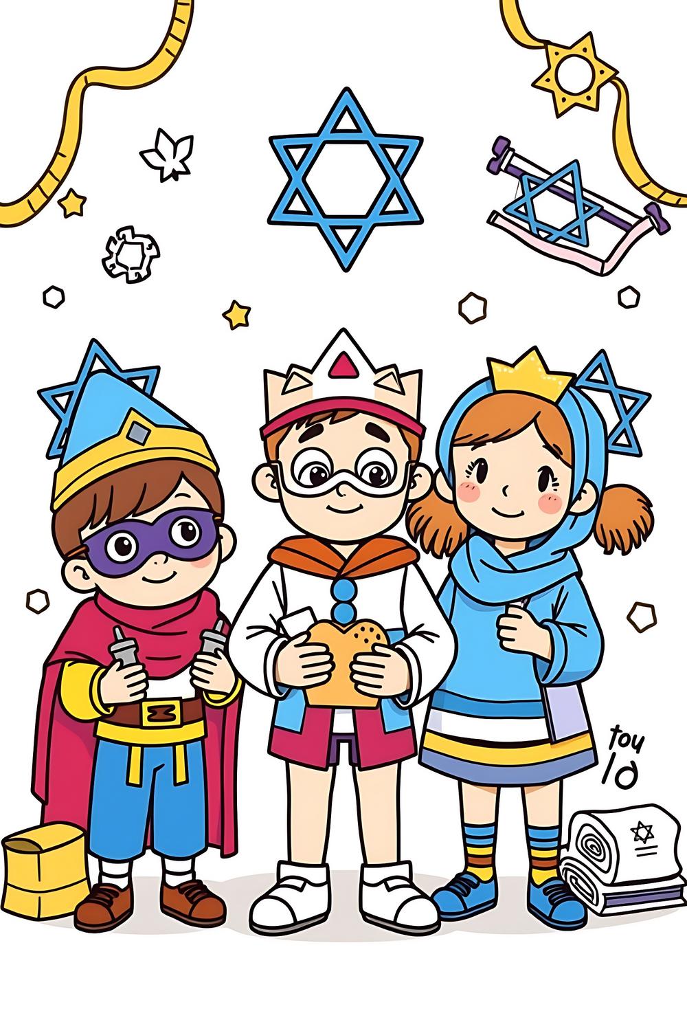 Colorful illustration of children celebrating Purim with costumes, groggers, and cookies.