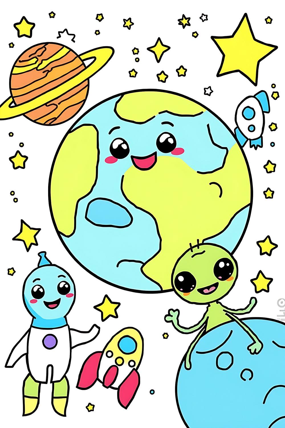Vibrant Space Coloring Page featuring cute planets, aliens, and rocket ships
