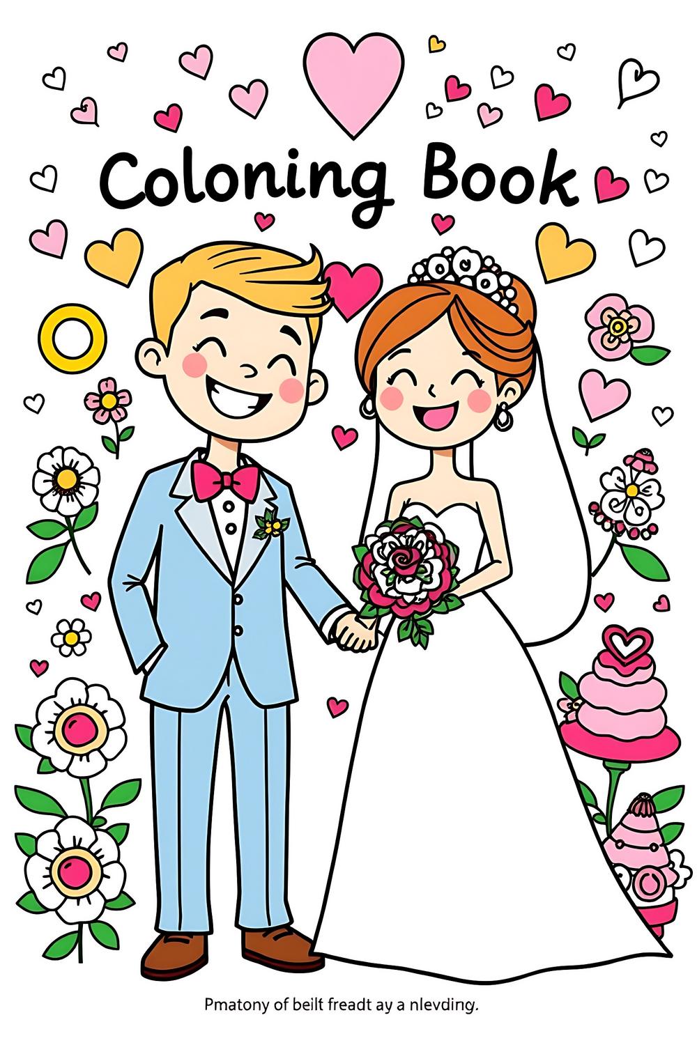Colorful wedding-themed coloring book cover featuring a bride and groom.