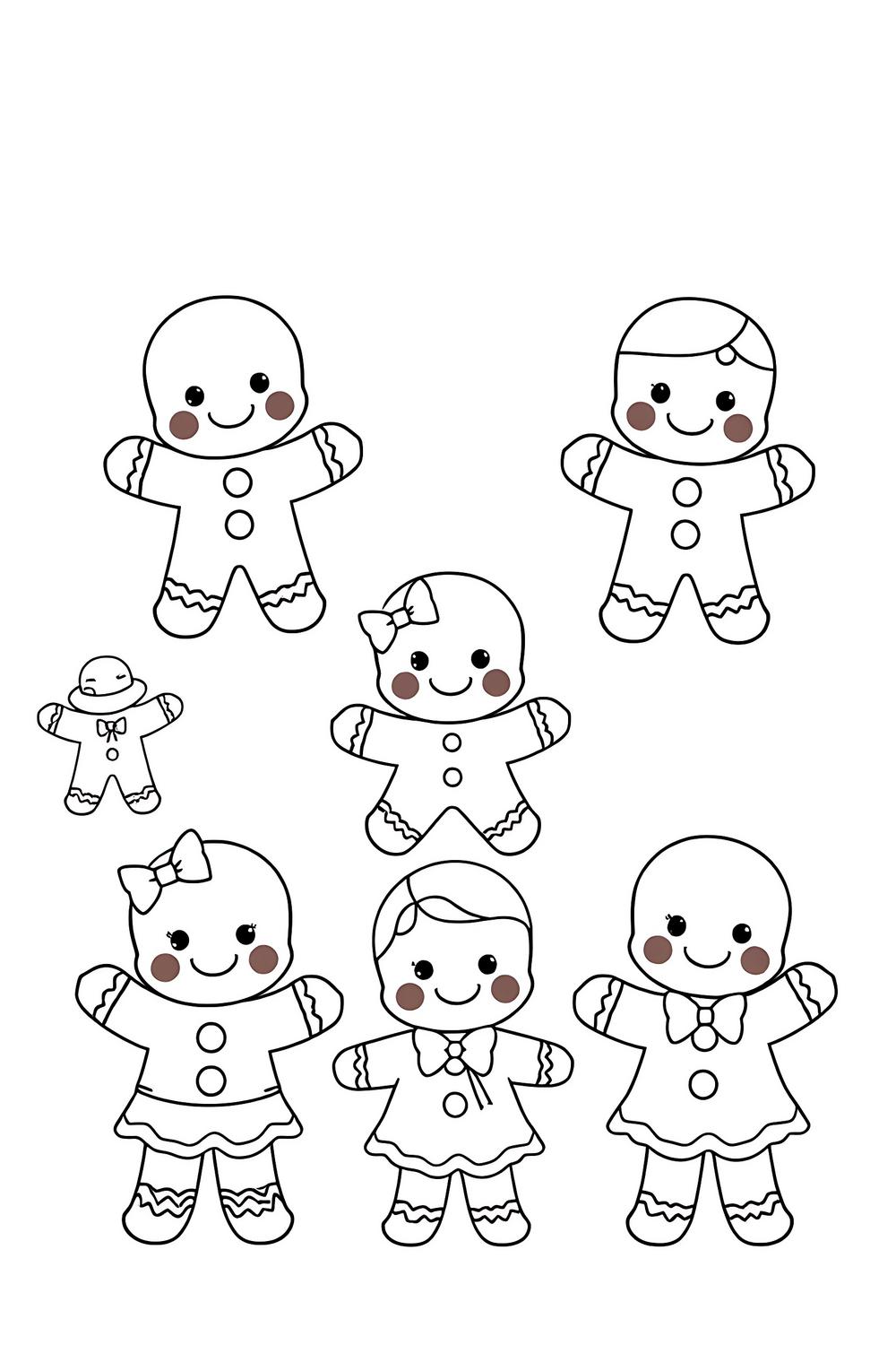 Gingerbread kids coloring book pages with playful characters
