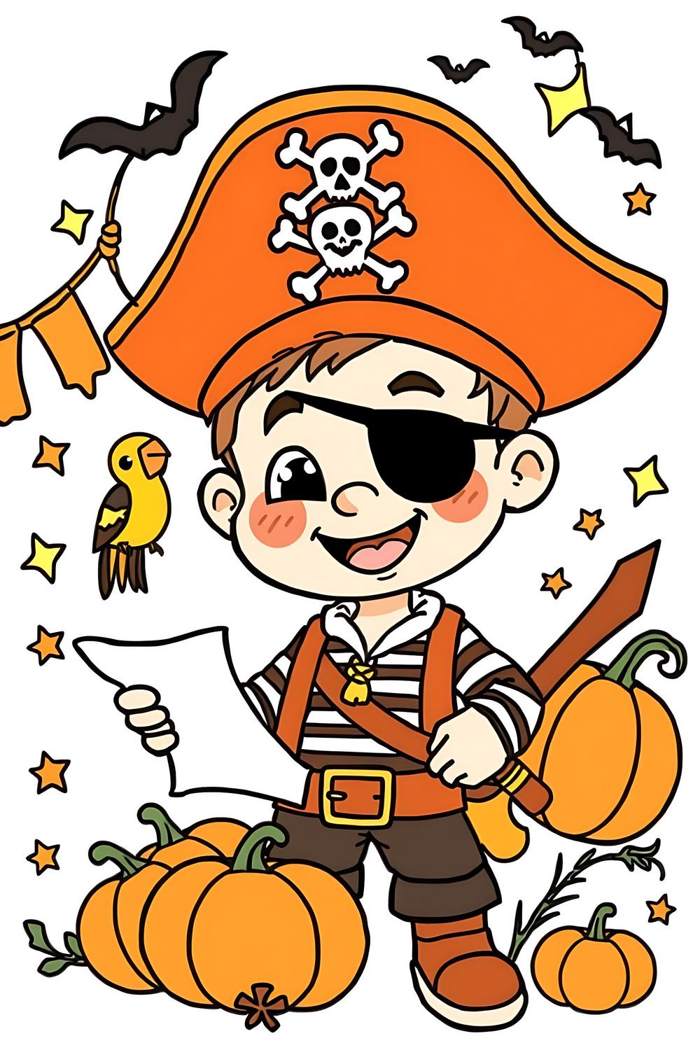 Kids Halloween pirate boy coloring page with friendly smile and classic attire