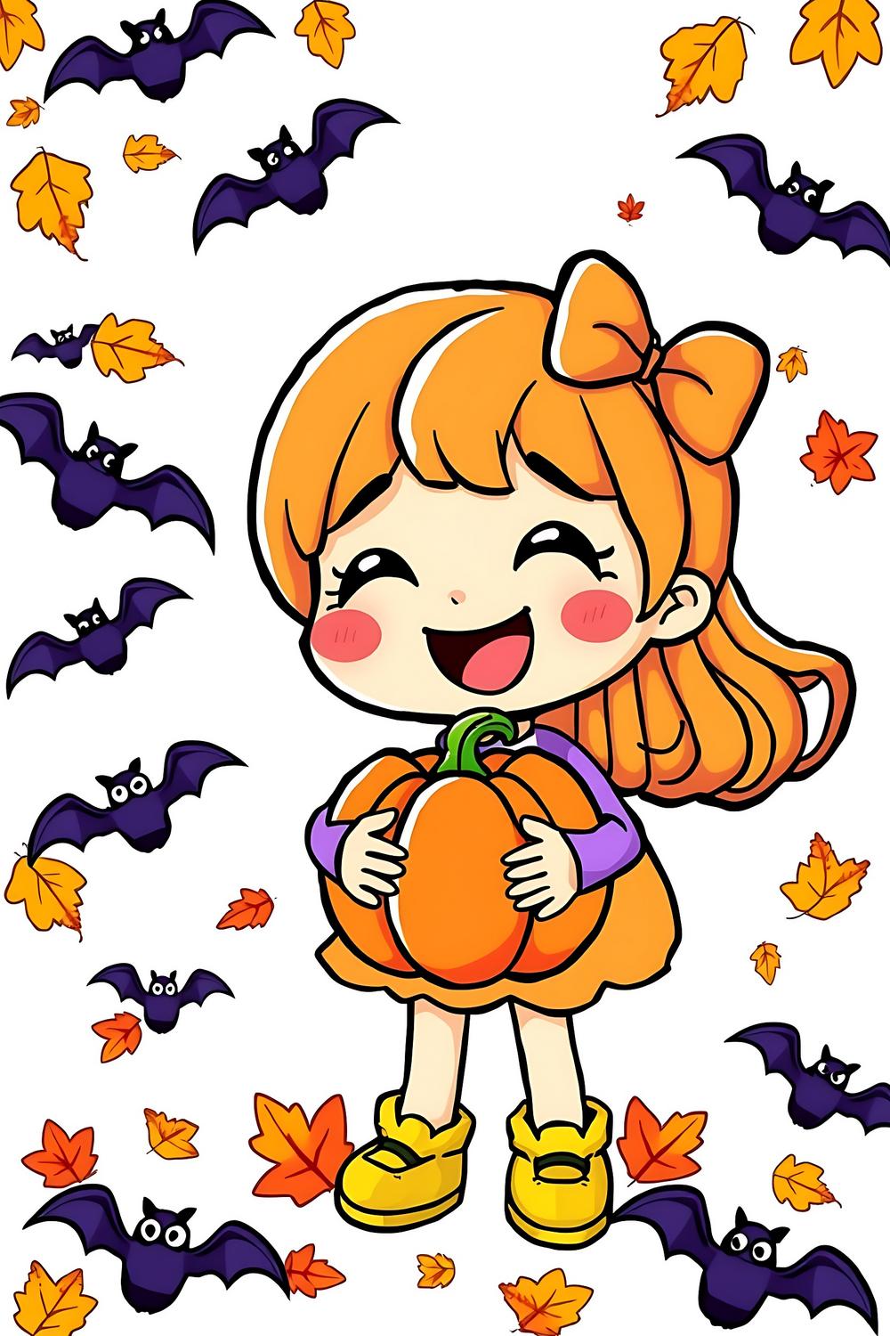 Halloween pumpkin girl coloring page for kids with a joyful expression.