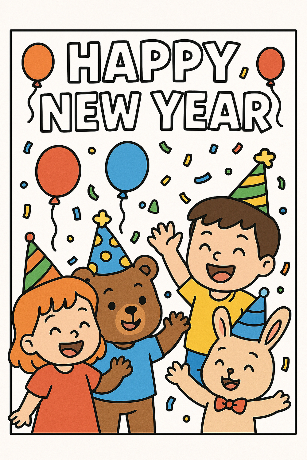 Happy New Year coloring pages for kids featuring cute characters and festive decorations