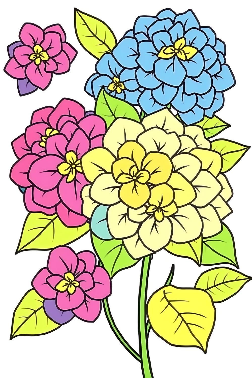 Colorful cartoon-style line art of hydrangea flowers in a delightful coloring book