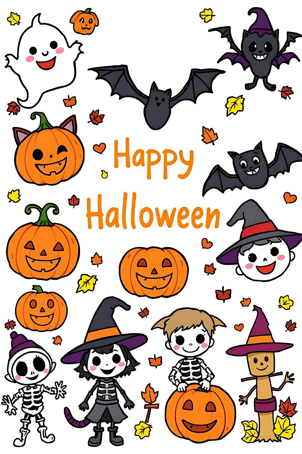 Colorful Halloween coloring pages featuring cute ghosts, pumpkins, and witches.