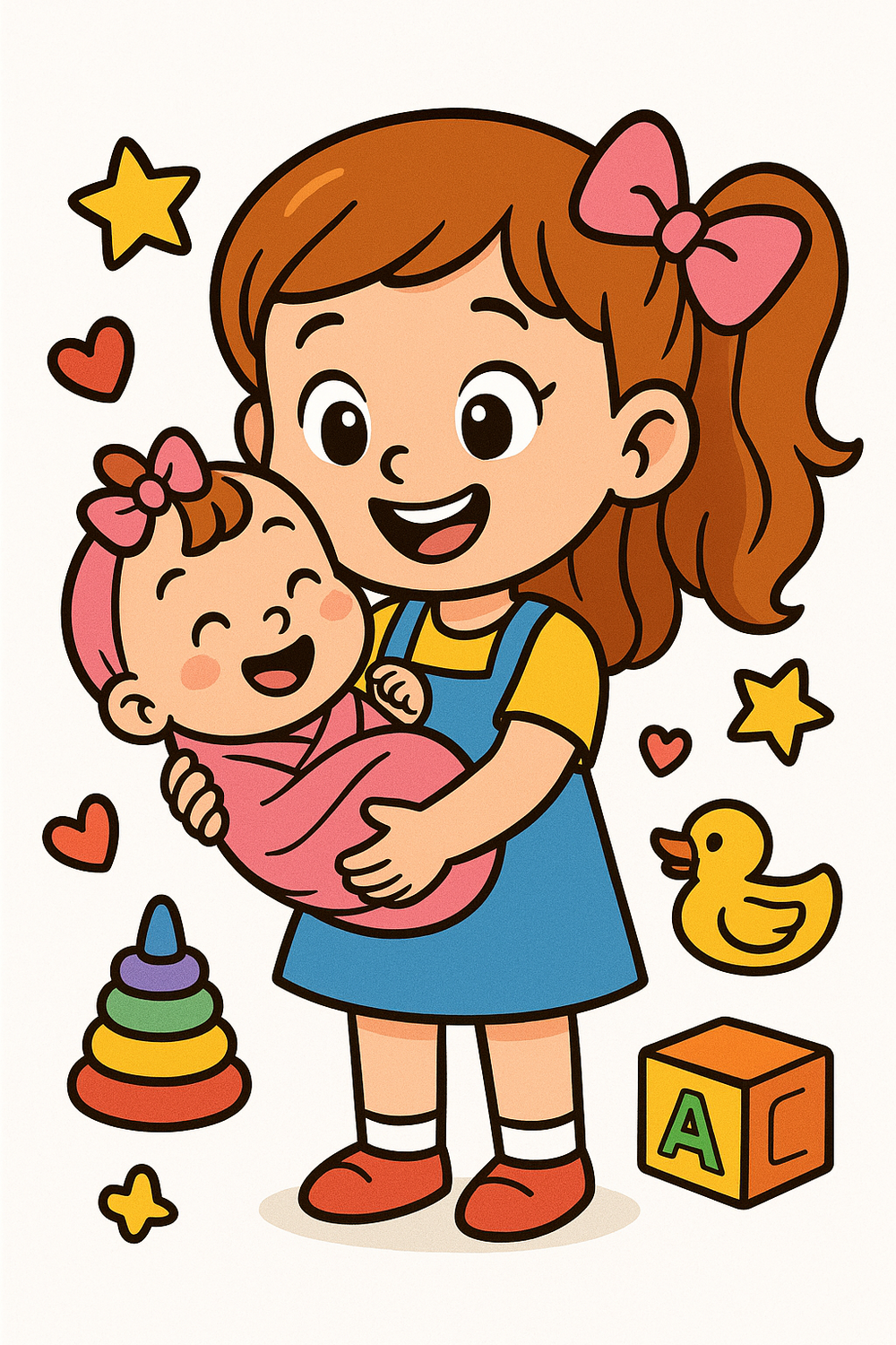Colorful cartoon-style illustration of a big sister holding her baby sister, smiling joyfully.