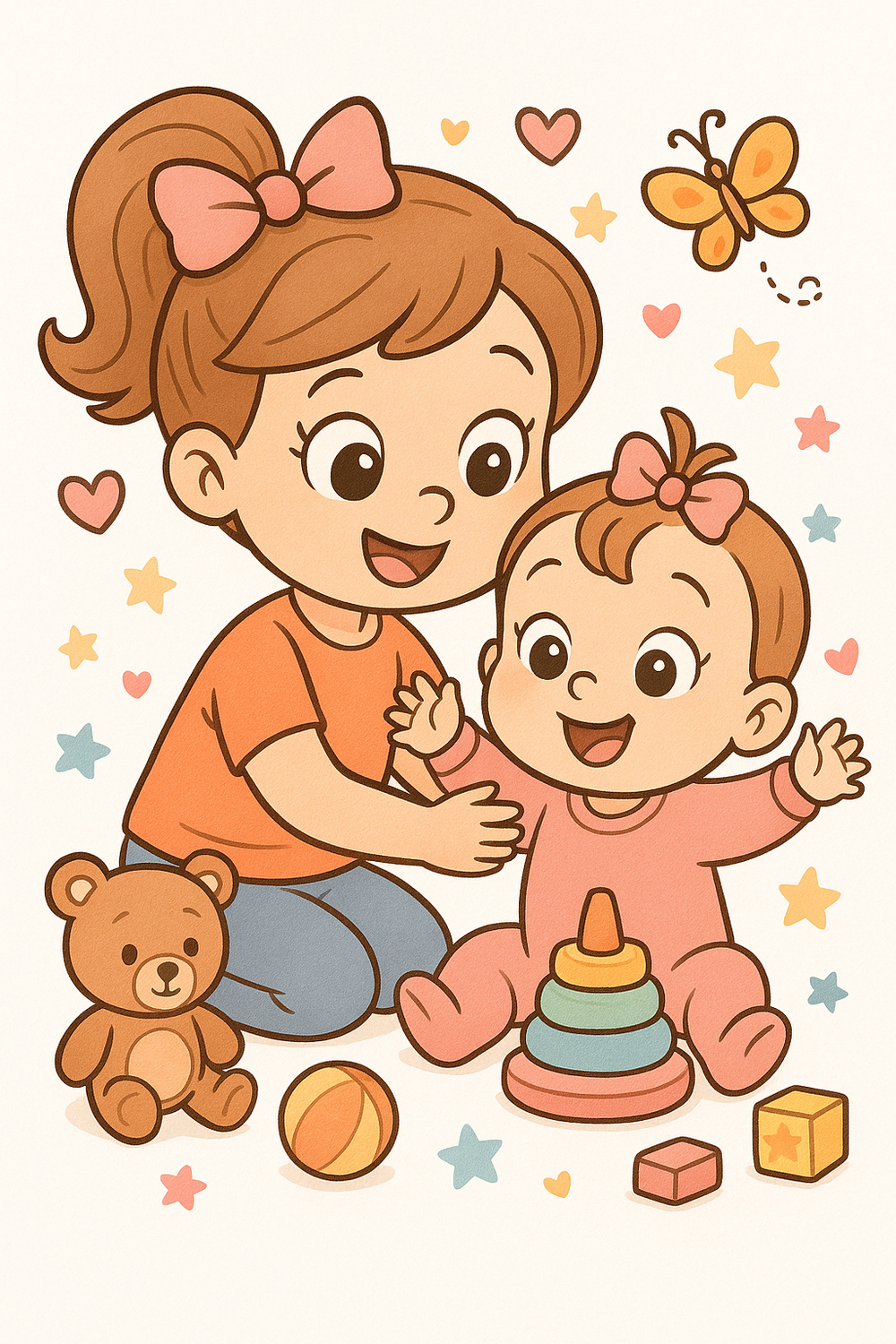 Joyful coloring page featuring a big sister and her baby sister playing together