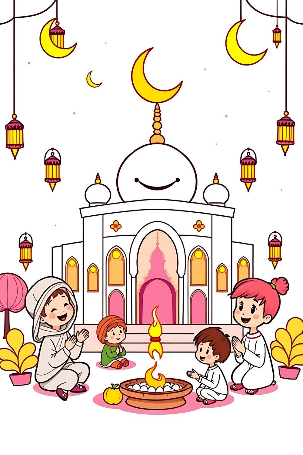Joyful Ramadan coloring pages for kids featuring a smiling mosque and lanterns.