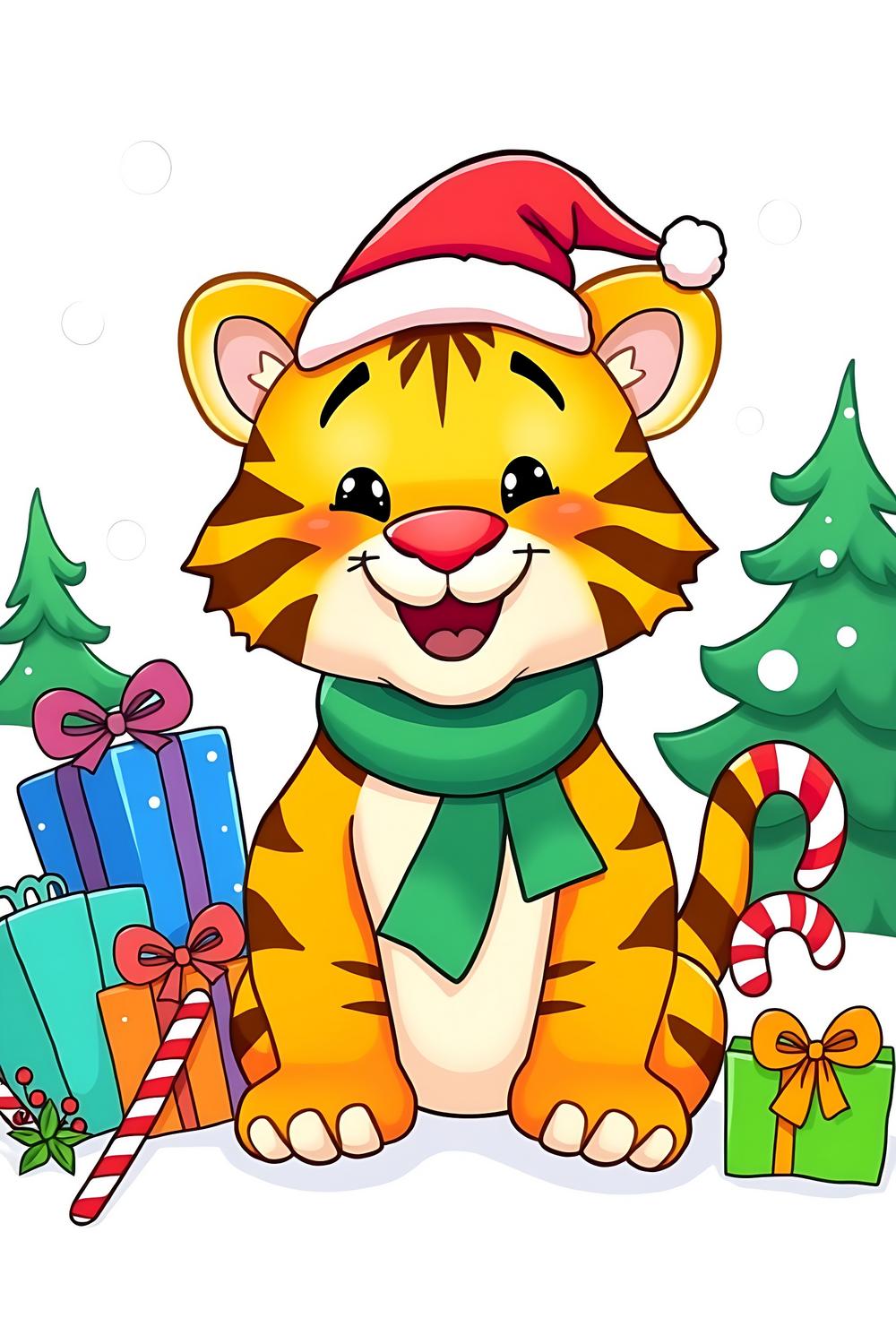 Joyful tiger dressed as Santa’s little helper among gifts and snowflakes.