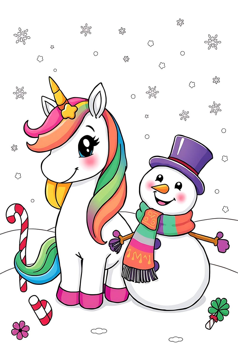 A joyful unicorn and cheerful snowman in a whimsical winter landscape, ideal for kids' coloring.