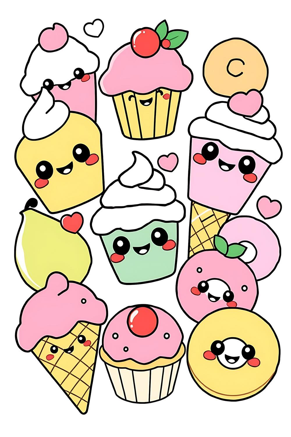 Adorable kawaii food coloring pages with cupcakes, ice cream, and candy.