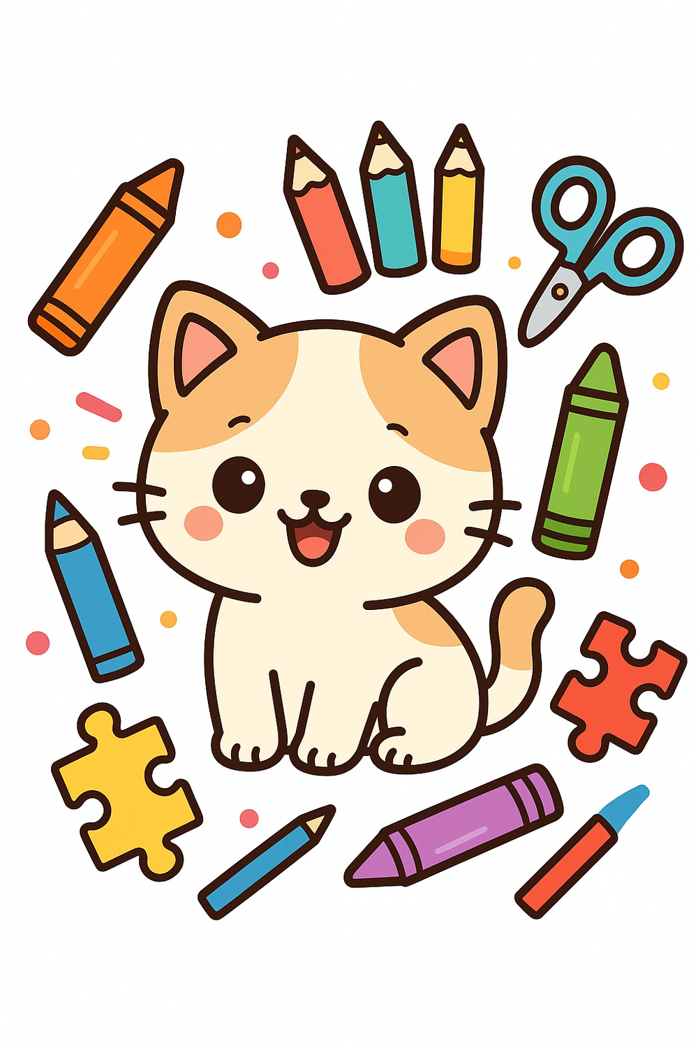 Kawaii Kitty Coloring and Activity Book cover with colorful art supplies