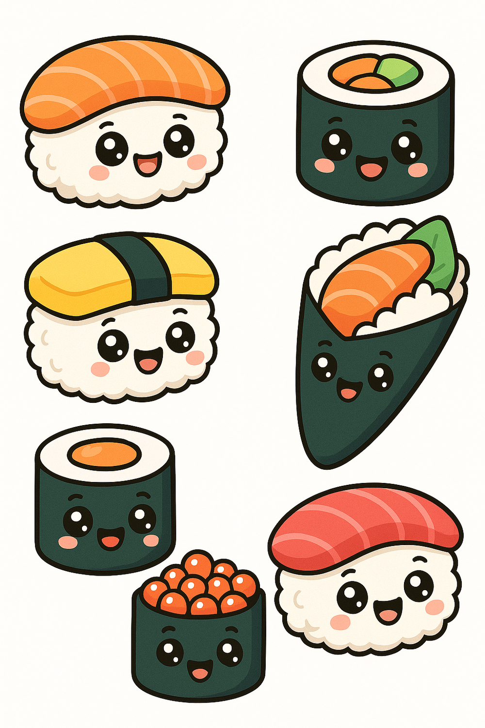 Kawaii sushi characters in vibrant colors, designed for children's coloring fun.