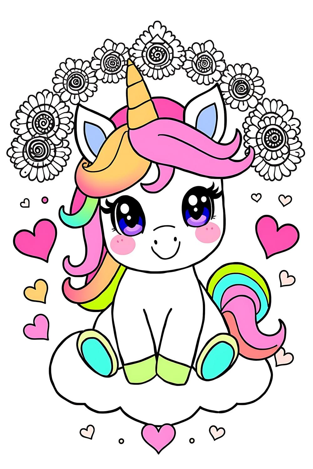 Cute kawaii unicorn with colorful rainbow mane and sparkling eyes, perfect for kids coloring book.