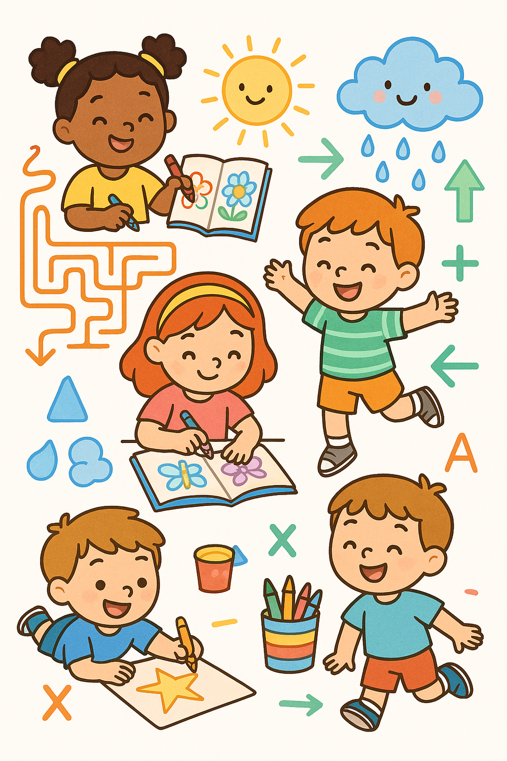 A colorful children's coloring and activities book cover featuring joyful kids.