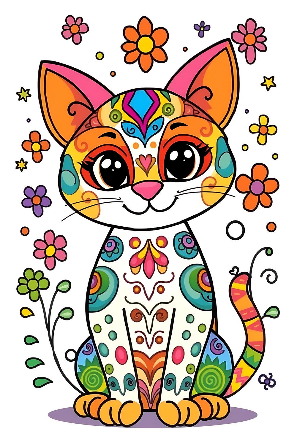 Cute Alebrije cat coloring page for kids with vibrant colors and fun designs.