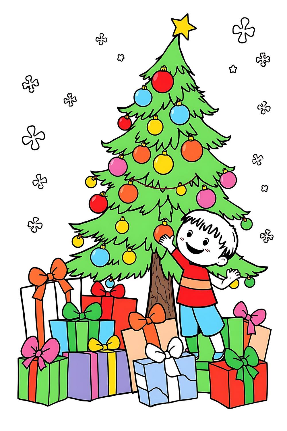 Kids coloring Christmas tree with gifts, colorful cartoon design