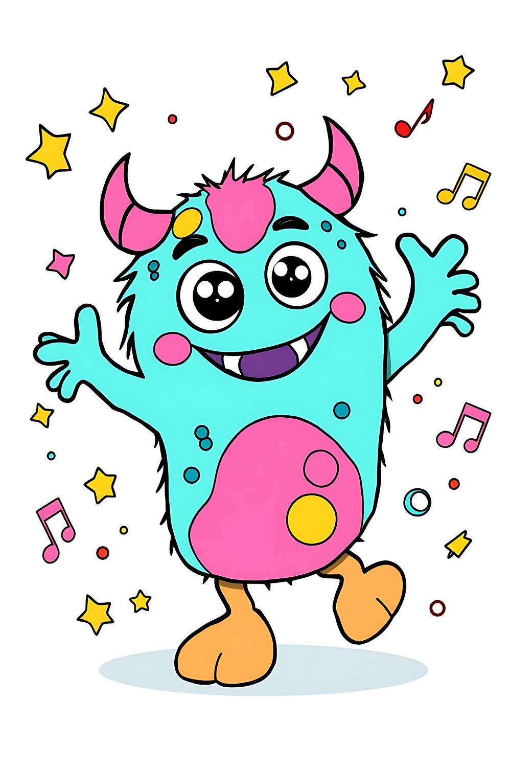 Cute dancing monster coloring page for kids, fostering imagination and creativity.