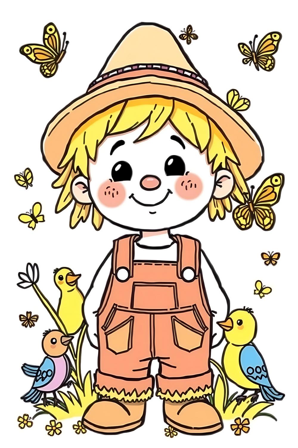 Cute boy scarecrow coloring page featuring a cheerful young boy.