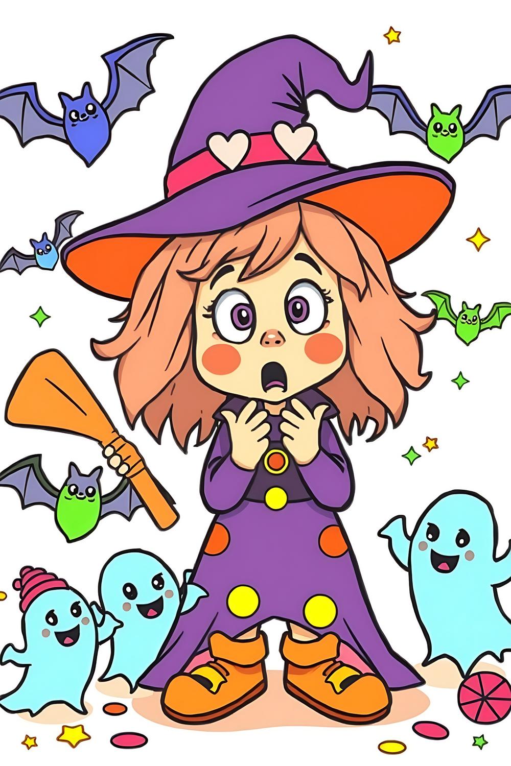 A whimsical kids coloring page featuring a surprised witch and friendly magical creatures.