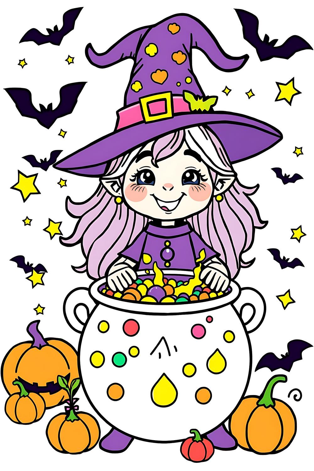 Cute cartoon Halloween witch coloring page for kids