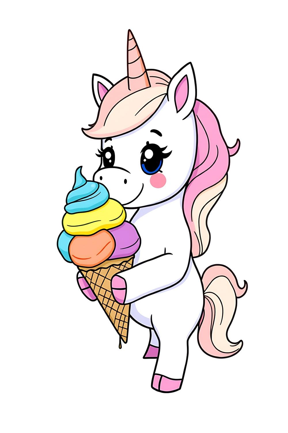 Colorful Magic Ice Cream Unicorn Kids Coloring page featuring a happy unicorn with ice cream